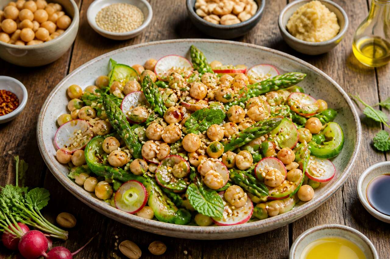 Salade de légumes de printemps : pois chiches au miso et cacahuètes