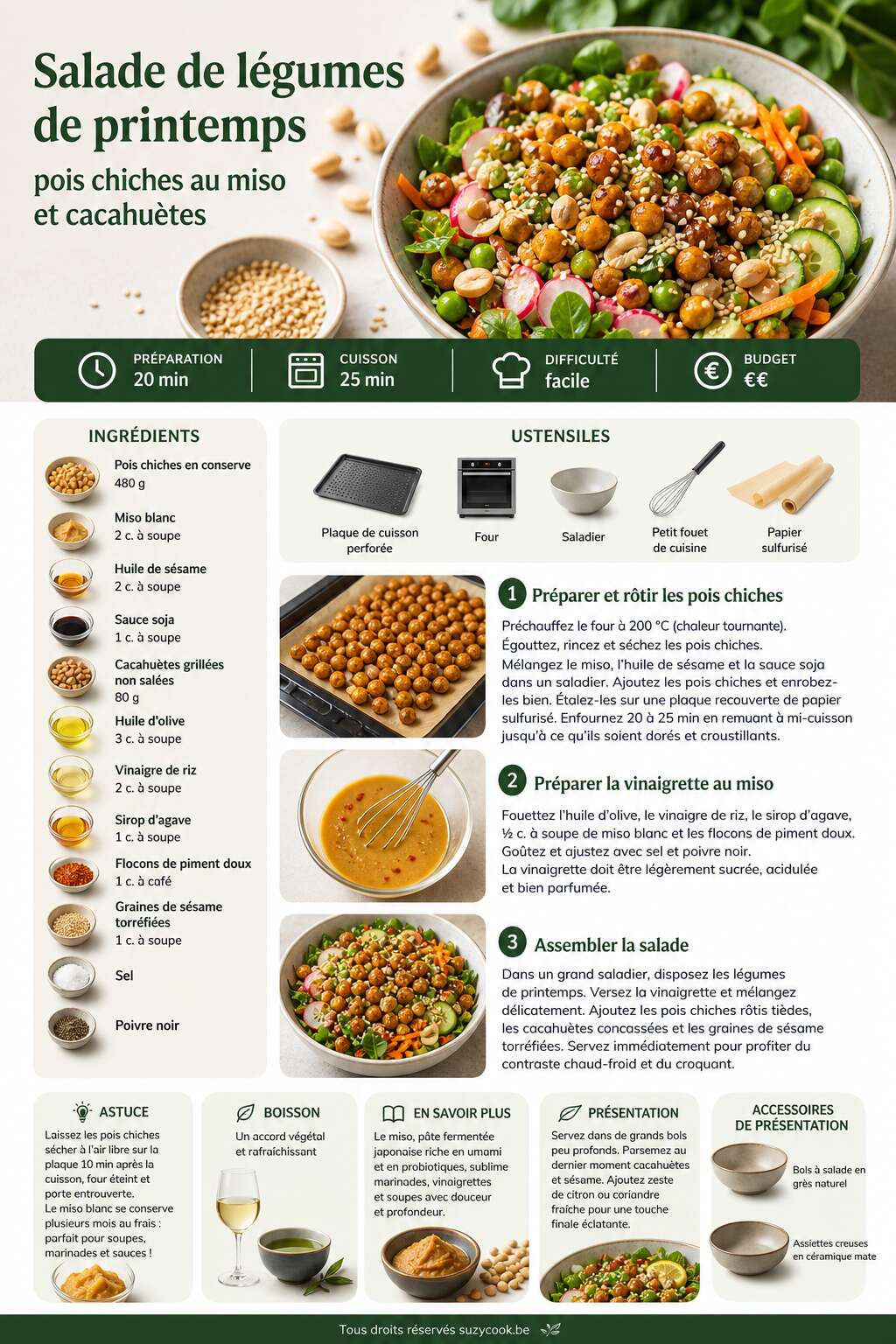 Fiche recette Salade de l&eacute;gumes de printemps : pois chiches au miso et cacahu&egrave;tes