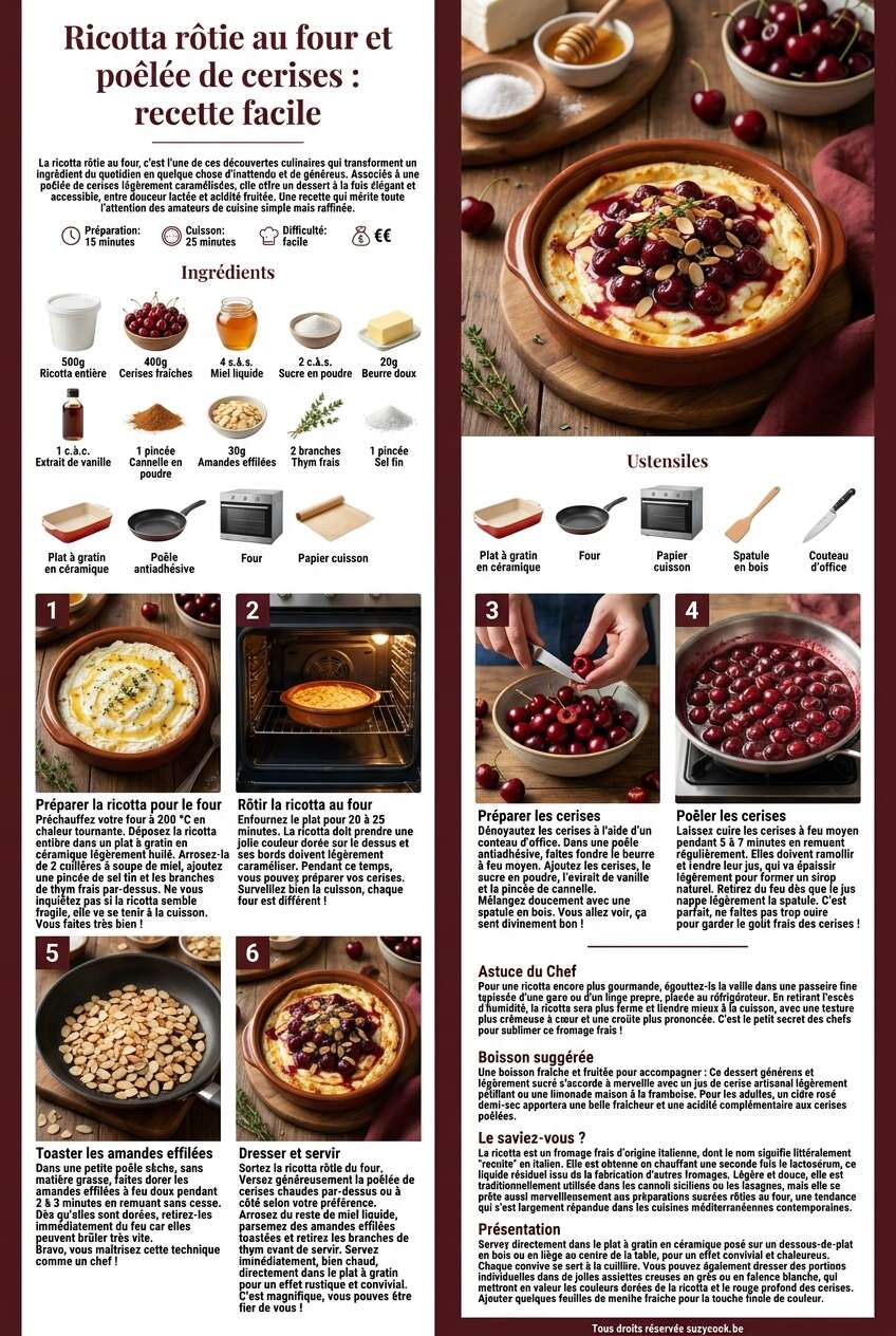 Fiche recette Ricotta r&ocirc;tie au four et po&ecirc;l&eacute;e de cerises : recette facile