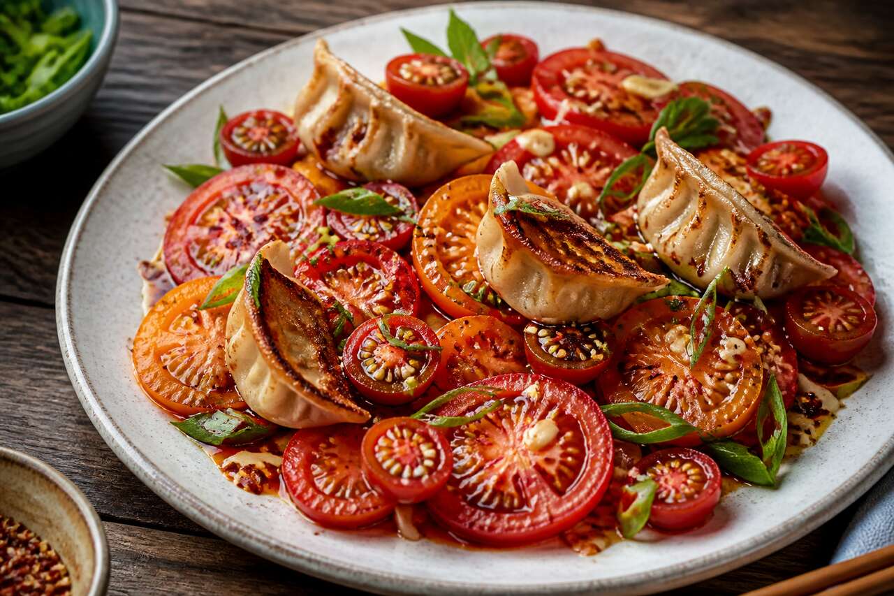 Salade de tomates aux gyozas : recette simple et savoureuse