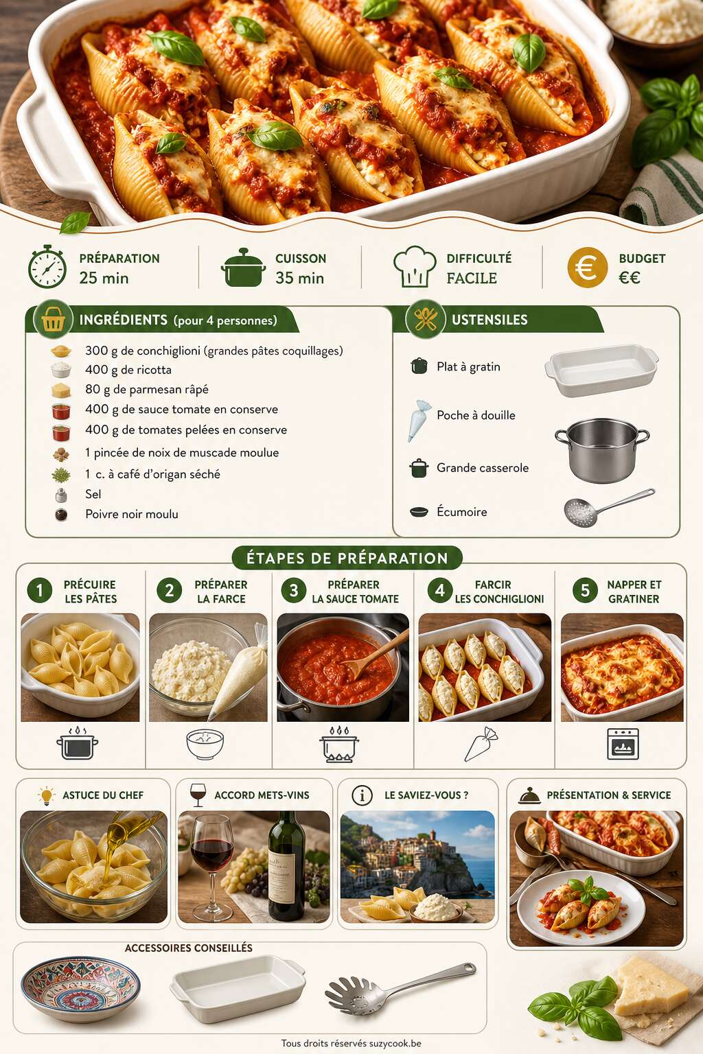 Fiche recette Recette de conchiglioni farcis simples et savoureux Fiche recette Recette de conchiglioni farcis simples et savoureux