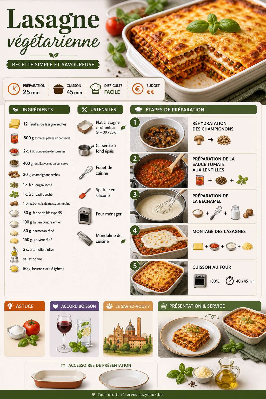Fiche recette Lasagne v&eacute;g&eacute;tarienne : recette simple et savoureuse