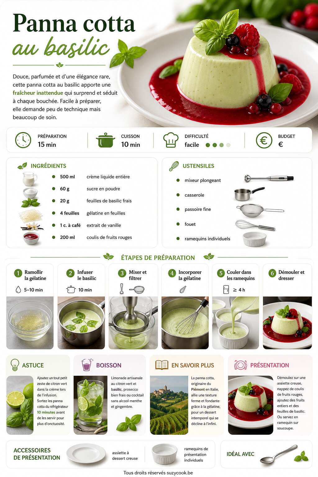 Fiche recette Panna cotta au basilic : recette facile et délicieuse Fiche recette Panna cotta au basilic : recette facile et délicieuse