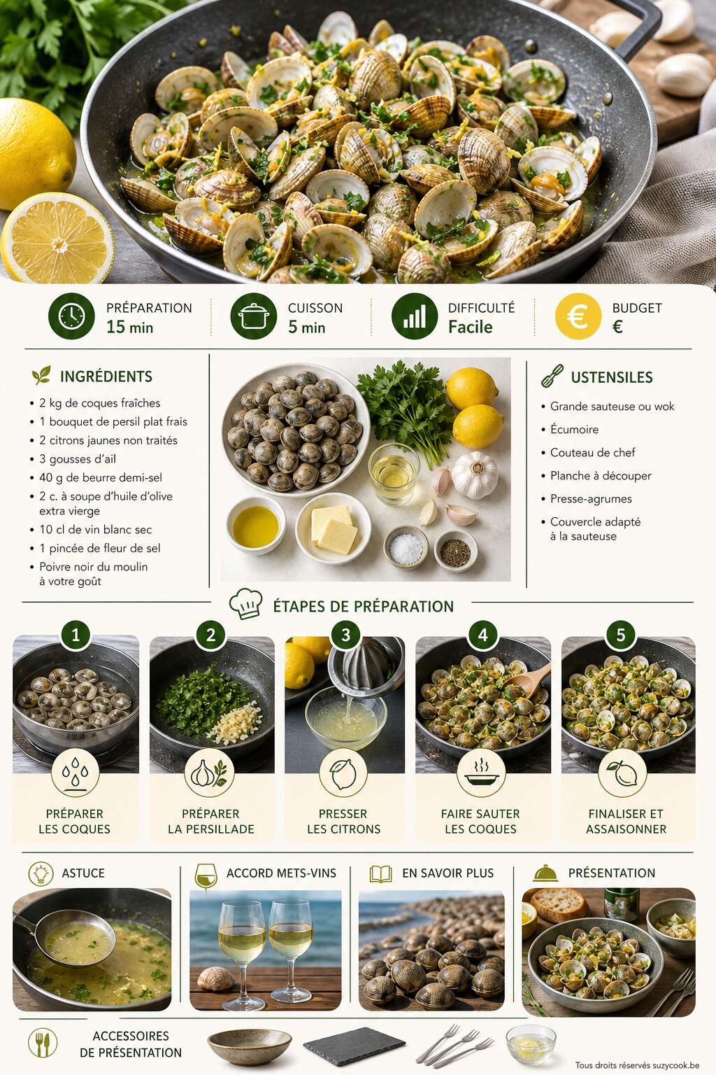 Fiche recette Recette de coques saut&eacute;es au citron et persil