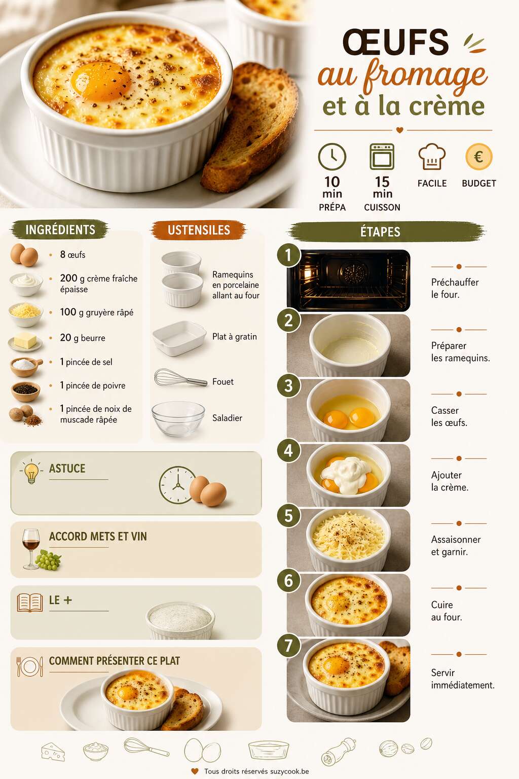 Fiche recette Oeufs au fromage et à la crème : recette simple et savoureuse Fiche recette Oeufs au fromage et à la crème : recette simple et savoureuse