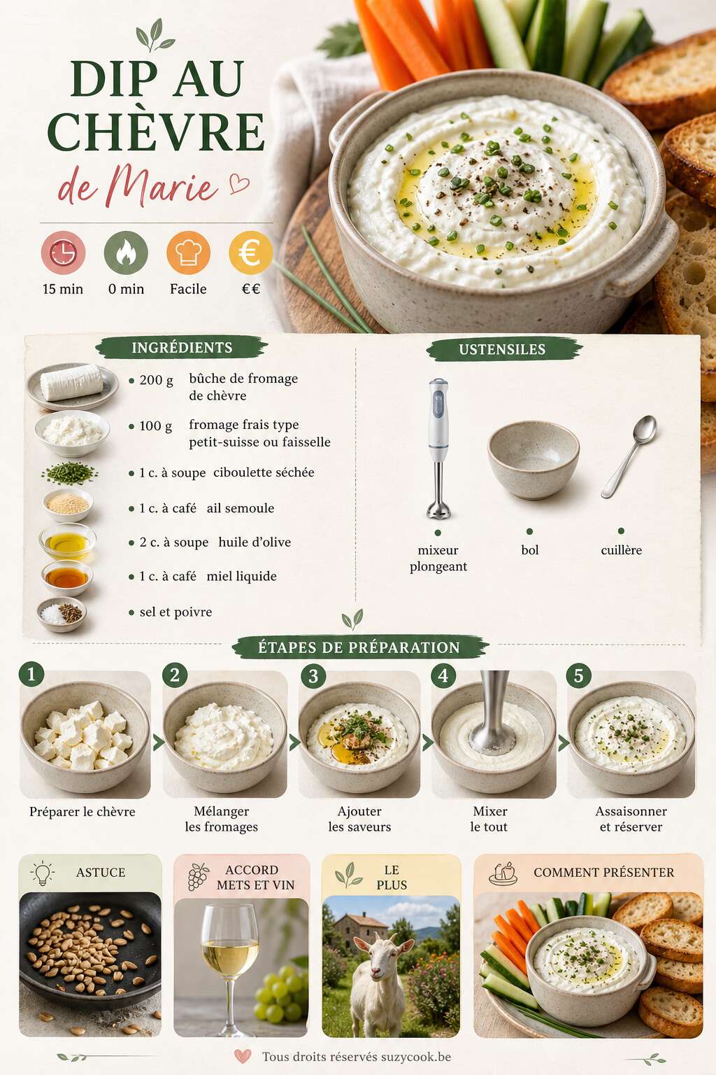 Fiche recette Dip au chèvre de Marie : recette simple et savoureuse Fiche recette Dip au chèvre de Marie : recette simple et savoureuse