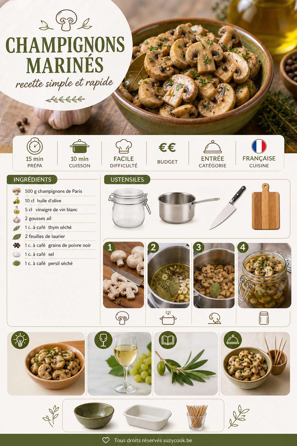 Fiche recette Champignons marinés : recette simple et rapide Fiche recette Champignons marinés : recette simple et rapide