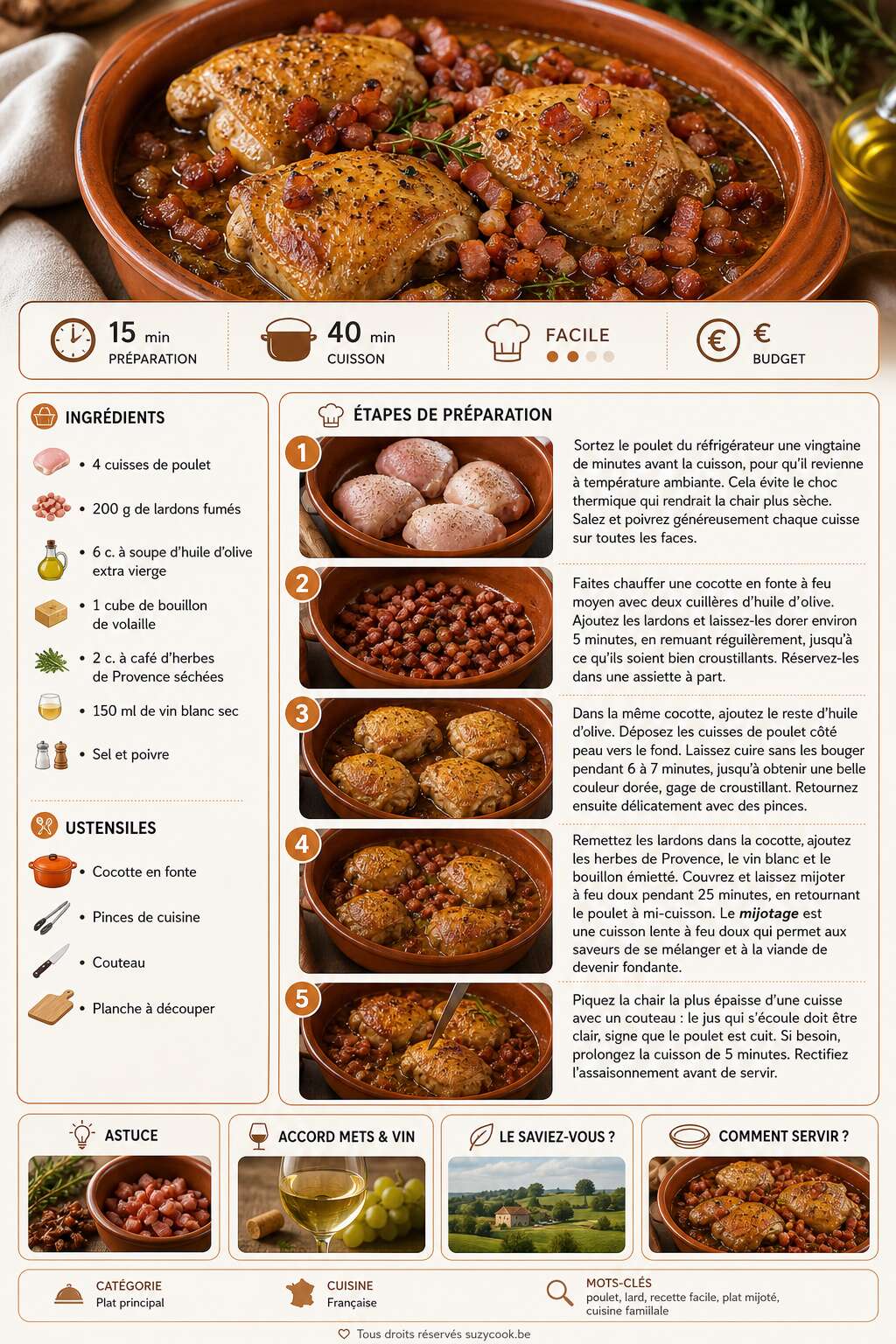 Fiche recette Recette simple de poulet au lard et huile d'olive Fiche recette Recette simple de poulet au lard et huile d'olive