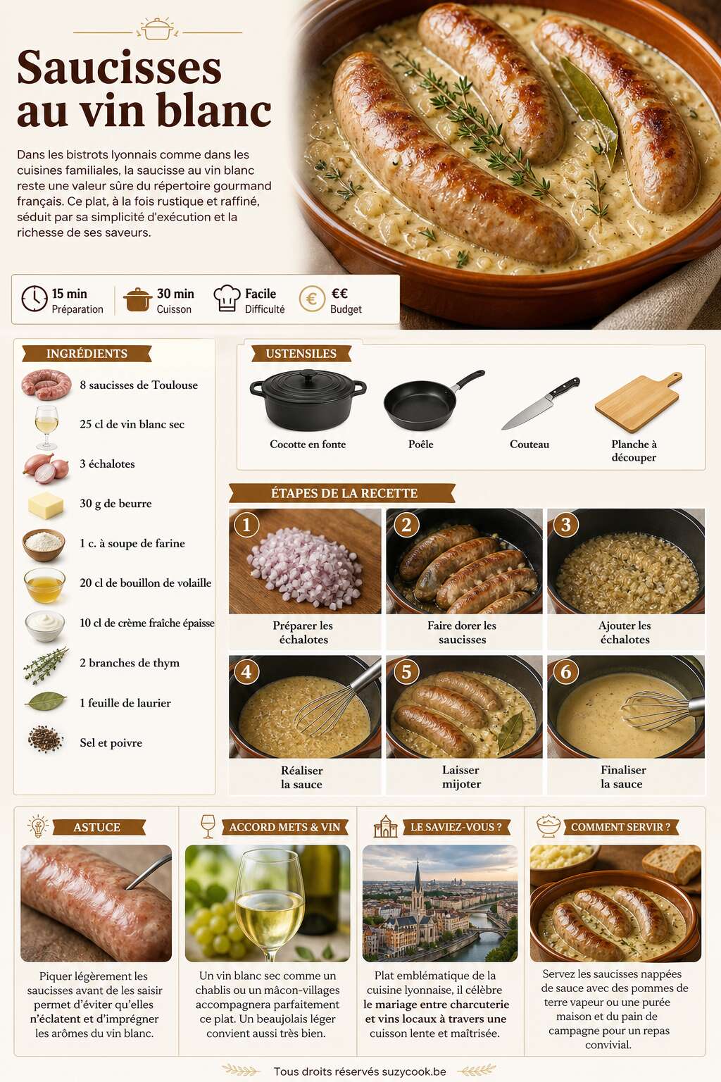 Fiche recette Recette facile : saucisses au vin blanc Fiche recette Recette facile : saucisses au vin blanc