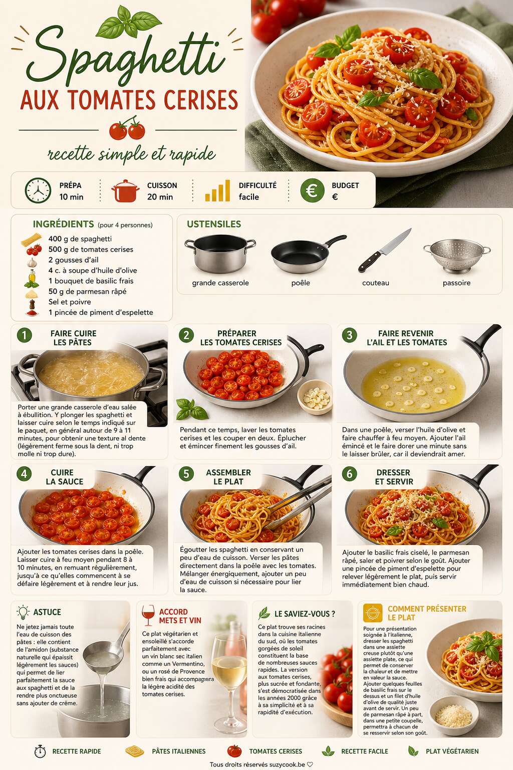 Fiche recette Spaghetti aux tomates cerises : recette simple et rapide Fiche recette Spaghetti aux tomates cerises : recette simple et rapide