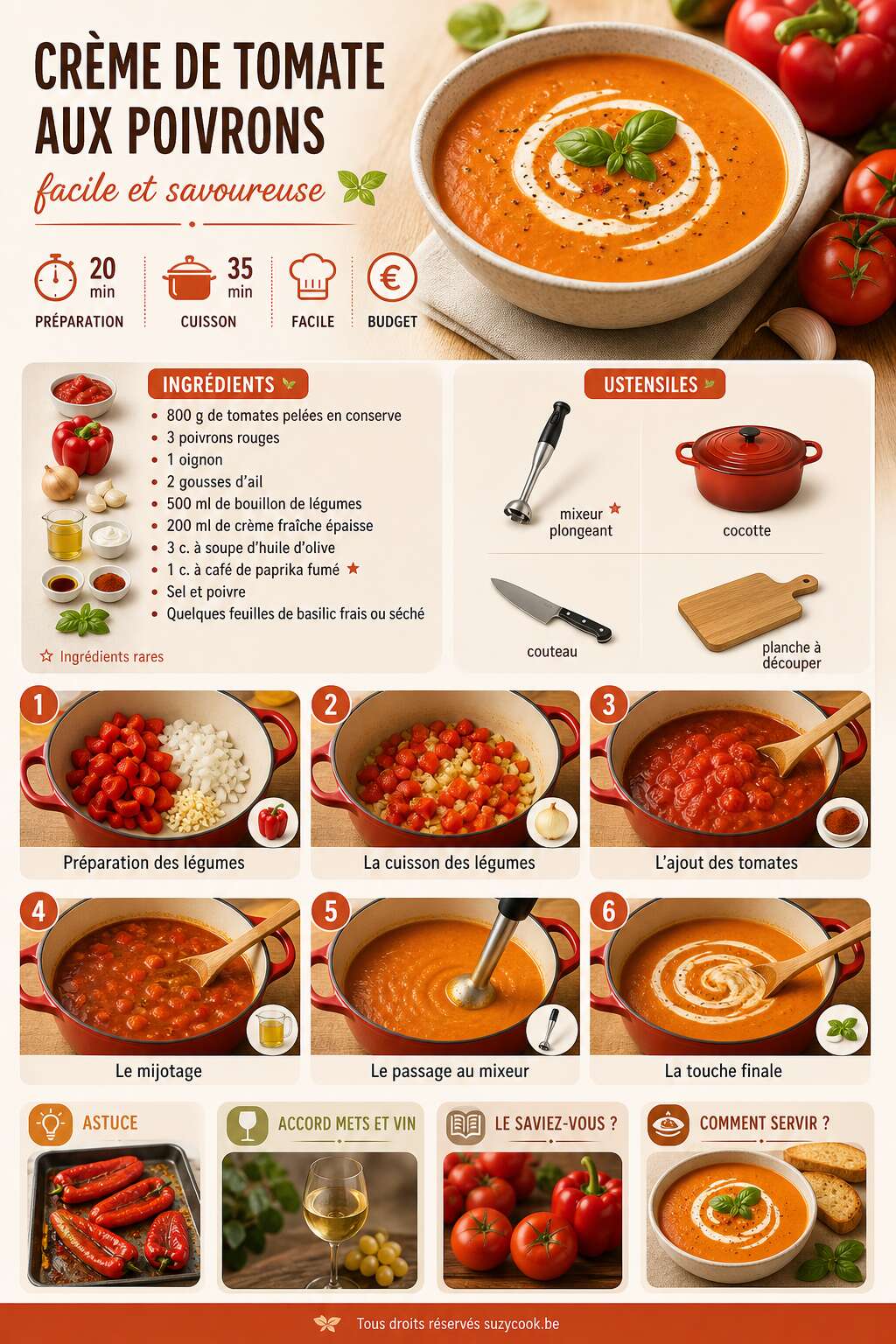 Fiche recette Cr&egrave;me de tomate aux poivrons : recette facile et savoureuse