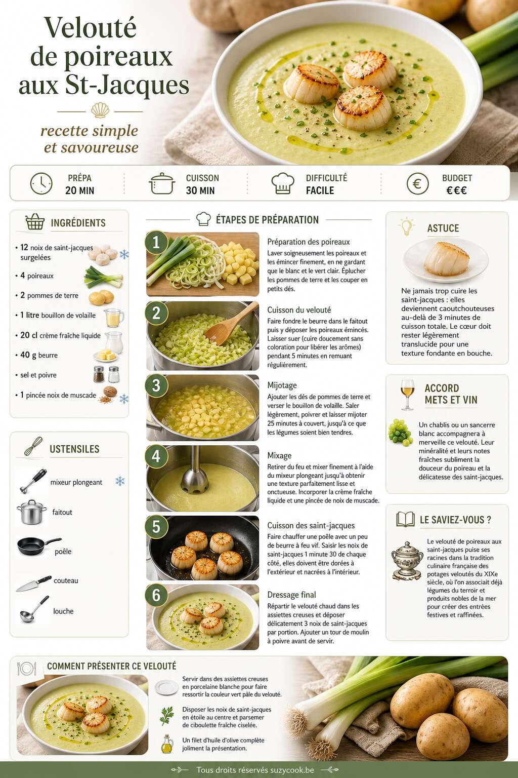 Fiche recette Velout&eacute; de poireaux aux St-Jacques : recette simple et savoureuse