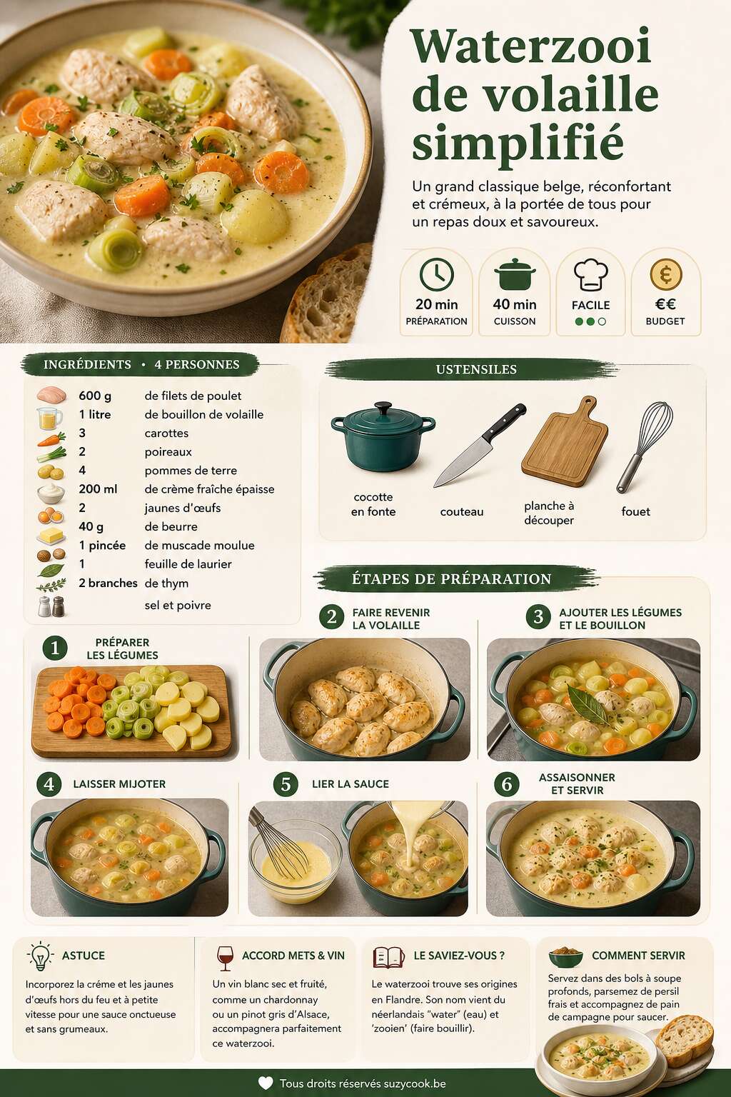 Fiche recette Recette facile : waterzooi de volaille simplifié Fiche recette Recette facile : waterzooi de volaille simplifié