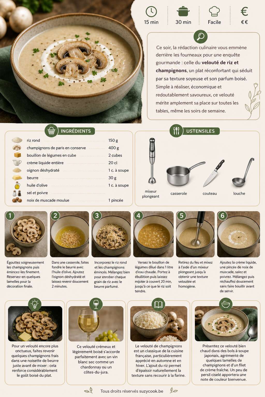 Fiche recette Velout&eacute; de riz et champignons : recette simple et savoureuse
