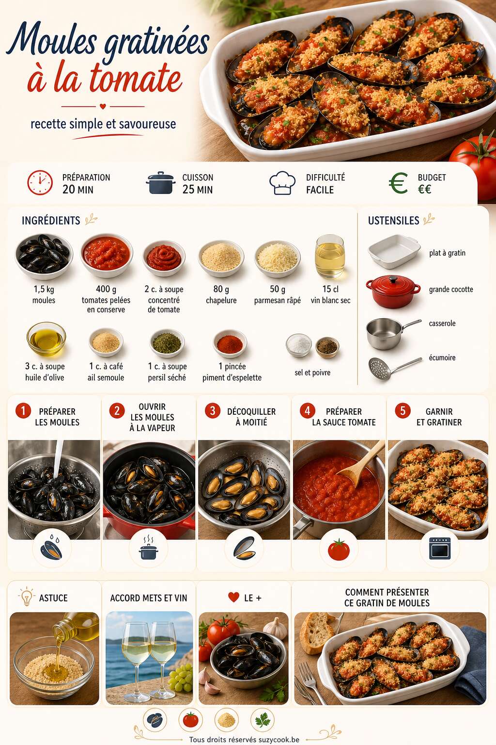 Fiche recette Moules gratinées à la tomate : recette simple et savoureuse Fiche recette Moules gratinées à la tomate : recette simple et savoureuse