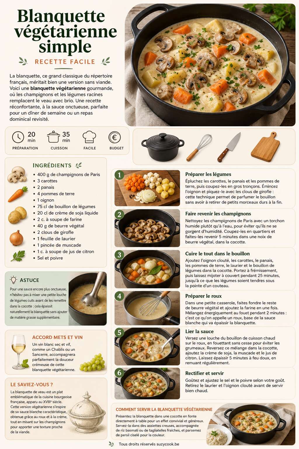 Fiche recette Blanquette v&eacute;g&eacute;tarienne simple : recette facile