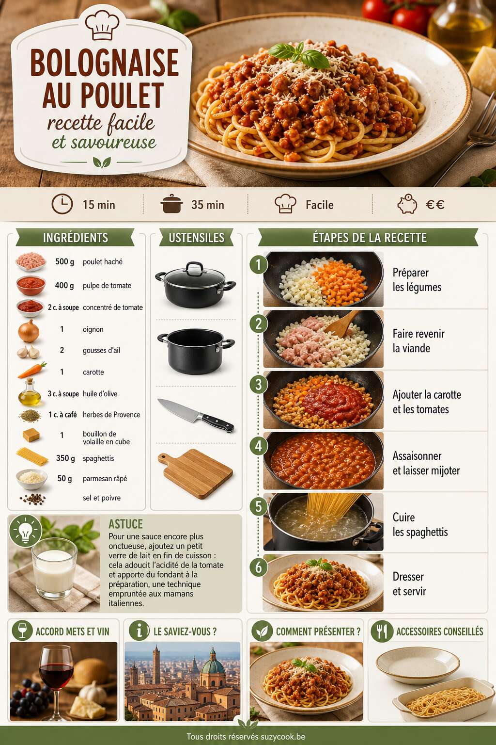 Fiche recette Bolognaise au poulet : recette facile et savoureuse Fiche recette Bolognaise au poulet : recette facile et savoureuse