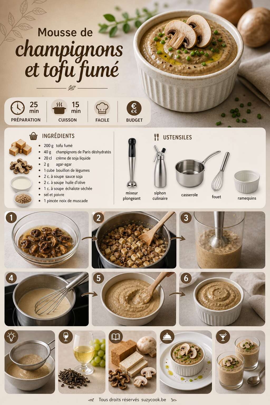 Fiche recette Mousse de champignons et tofu fum&eacute; : recette simple et d&eacute;licieuse