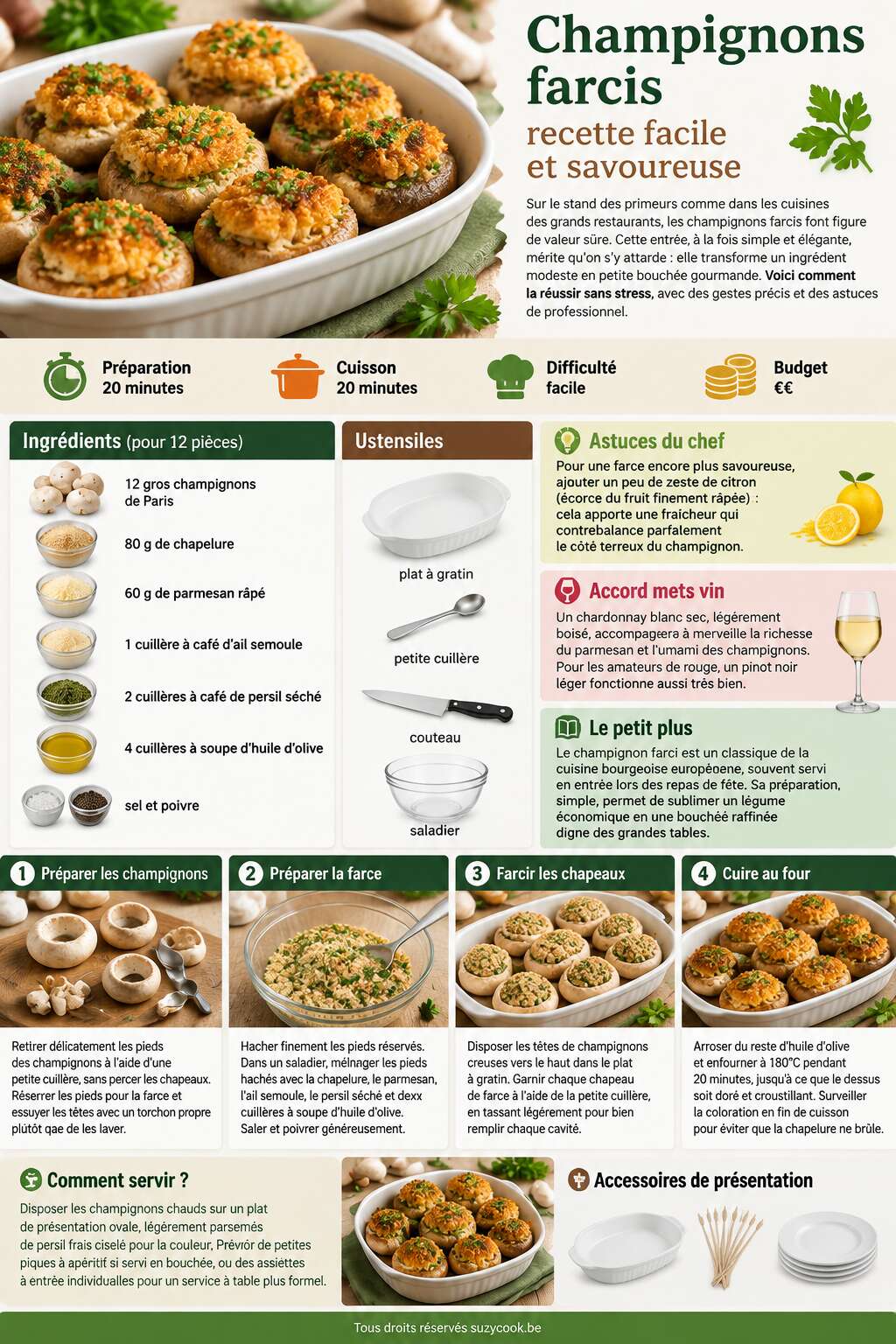 Fiche recette Champignons farcis : recette facile et savoureuse