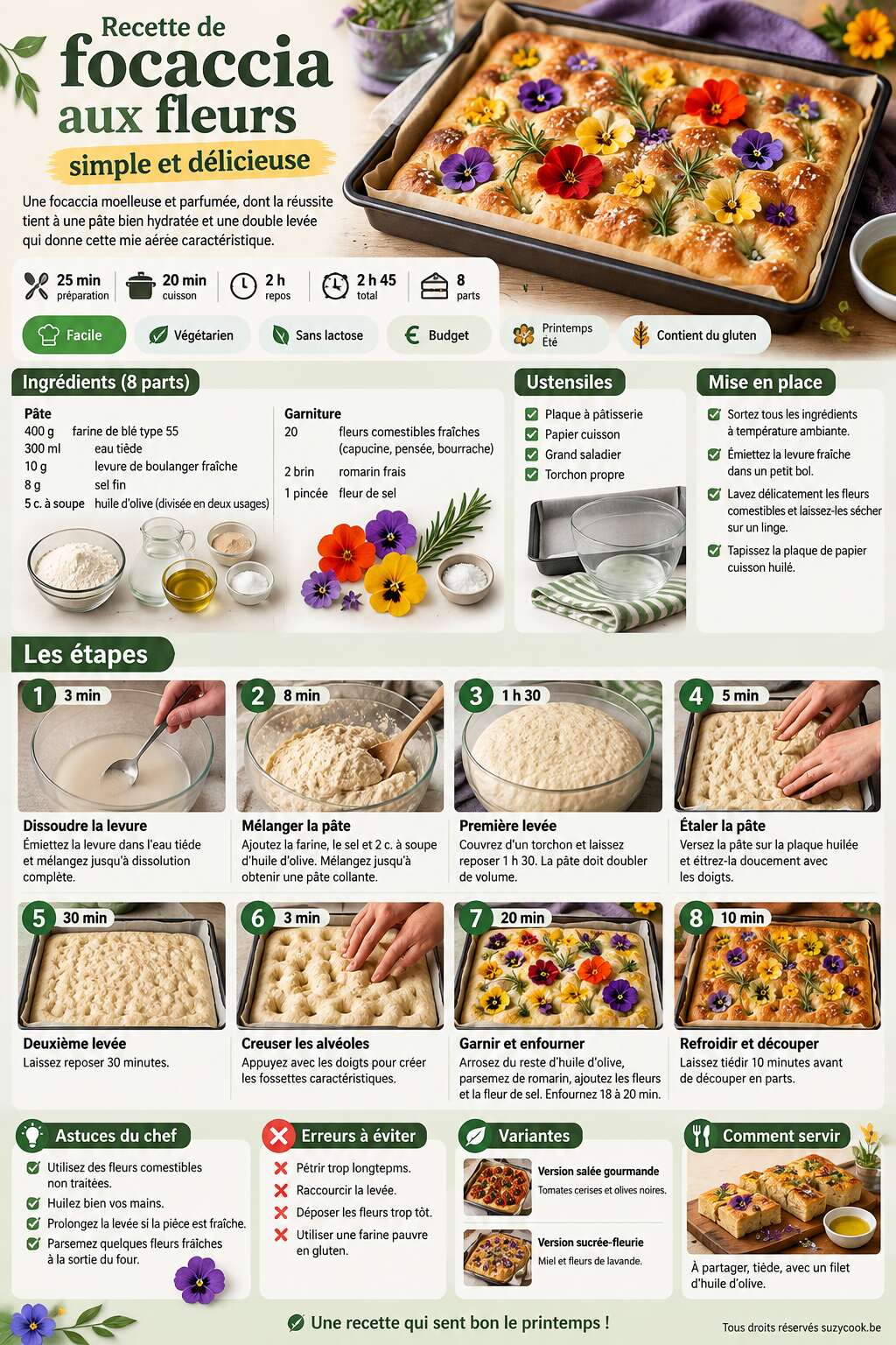 Fiche recette Recette de focaccia aux fleurs : simple et délicieuse Fiche recette Recette de focaccia aux fleurs : simple et délicieuse