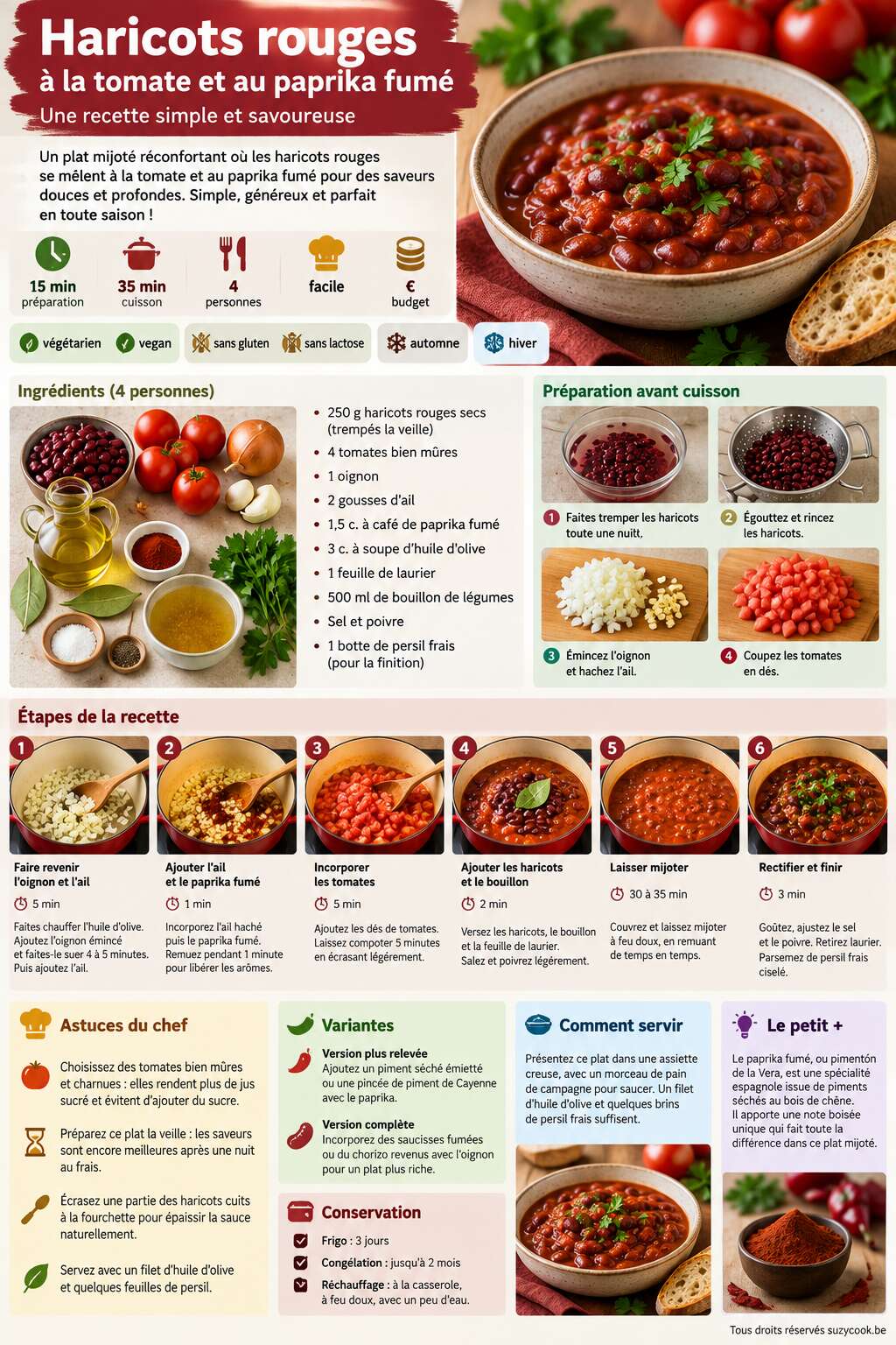 Fiche recette Haricots rouges &agrave; la tomate et au paprika fum&eacute; : recette simple et savoureuse