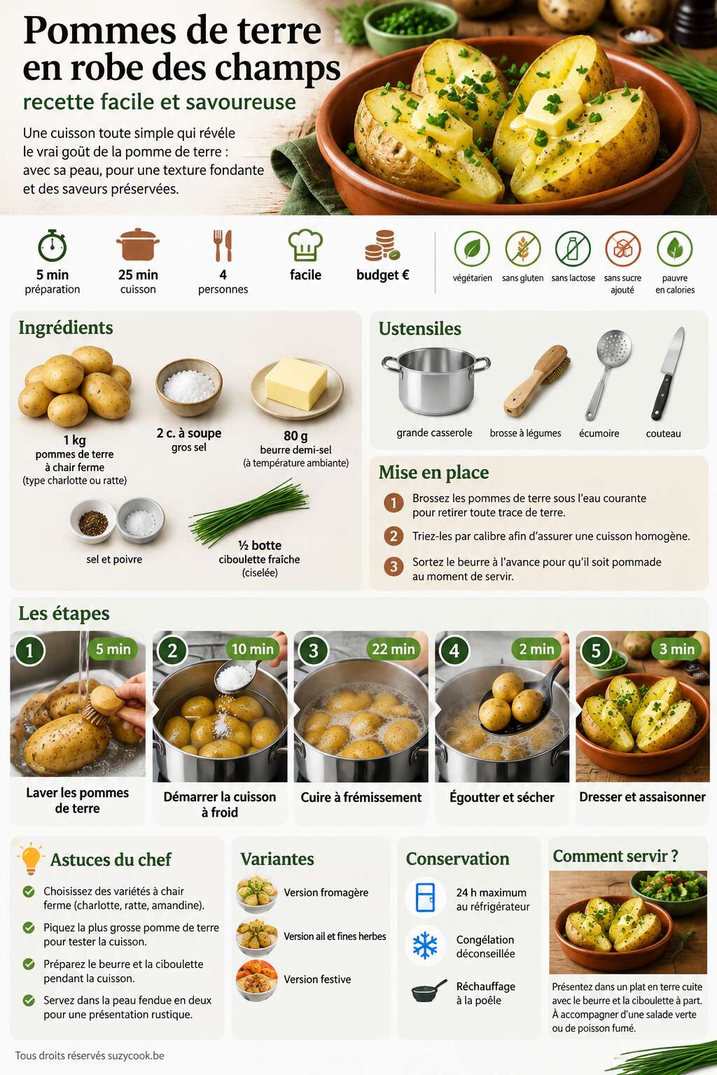 Fiche recette Pommes de terre en robe des champs : recette facile et savoureuse Fiche recette Pommes de terre en robe des champs : recette facile et savoureuse