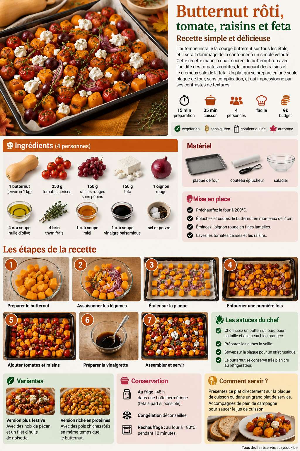 Fiche recette Butternut r&ocirc;ti, tomate, raisins et feta : recette simple et d&eacute;licieuse