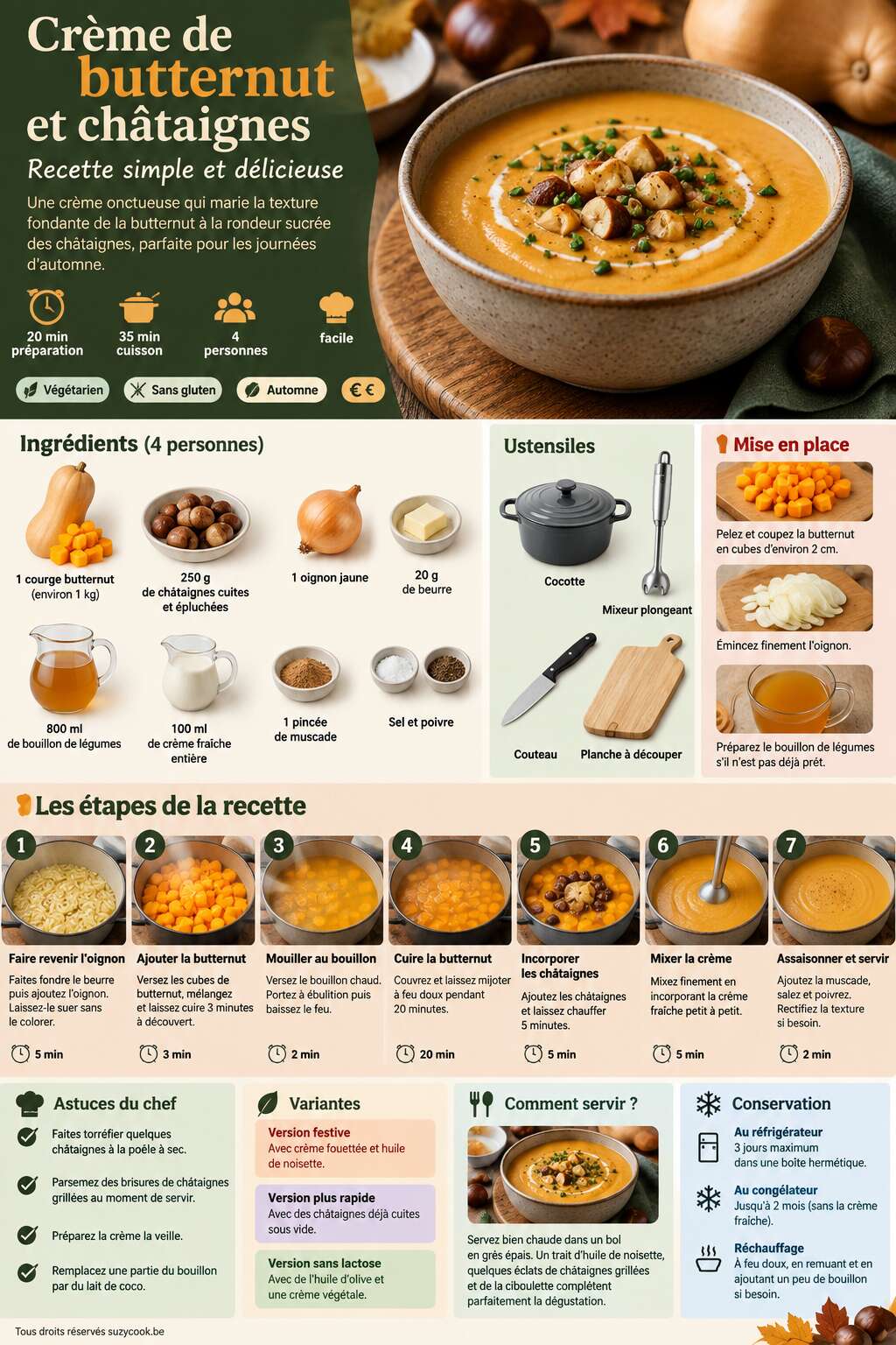 Fiche recette Crème de butternut et châtaignes : recette simple et délicieuse Fiche recette Crème de butternut et châtaignes : recette simple et délicieuse