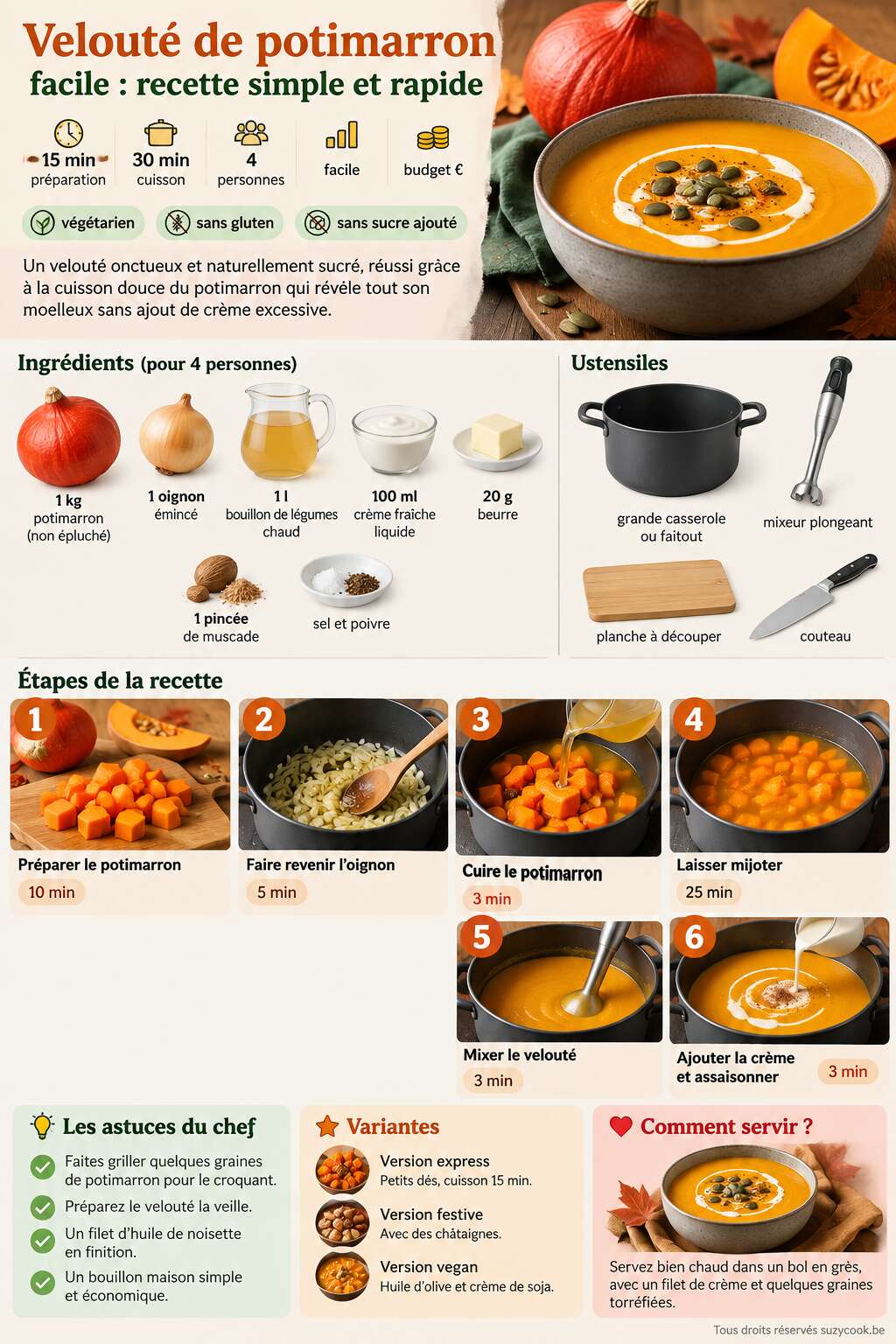 Fiche recette Velouté de potimarron facile : recette simple et rapide Fiche recette Velouté de potimarron facile : recette simple et rapide
