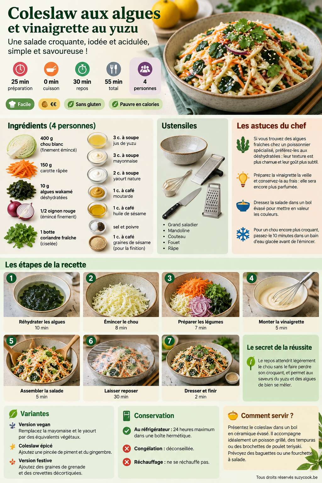 Fiche recette Coleslaw aux algues et vinaigrette au yuzu : recette simple et savoureuse