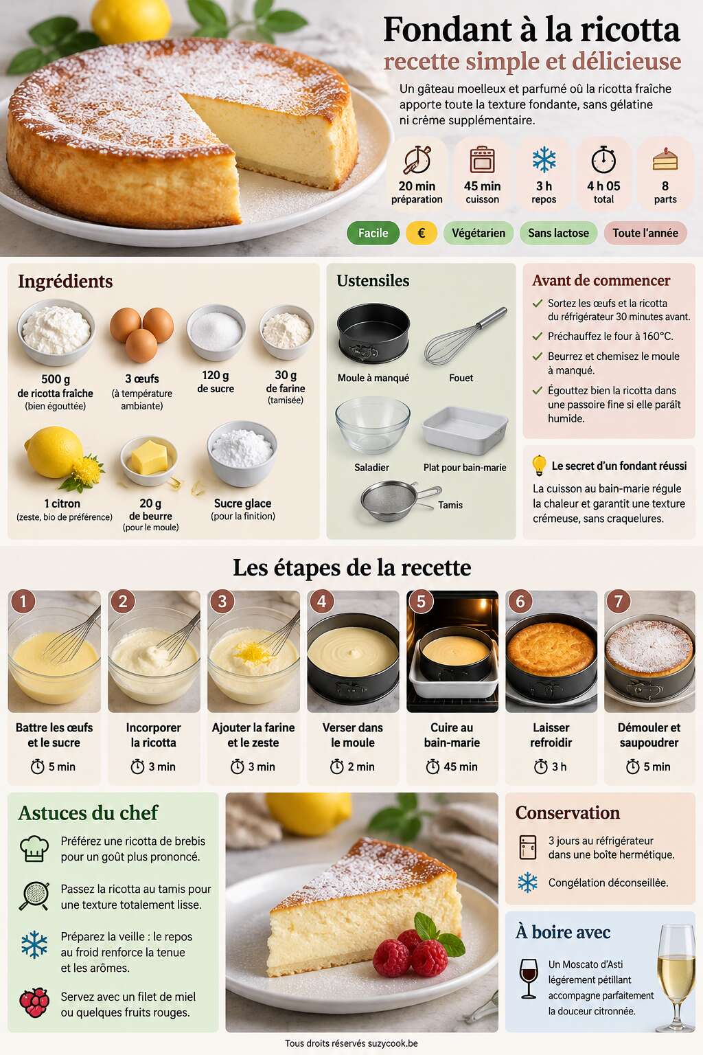 Fiche recette Fondant &agrave; la ricotta : recette simple et d&eacute;licieuse