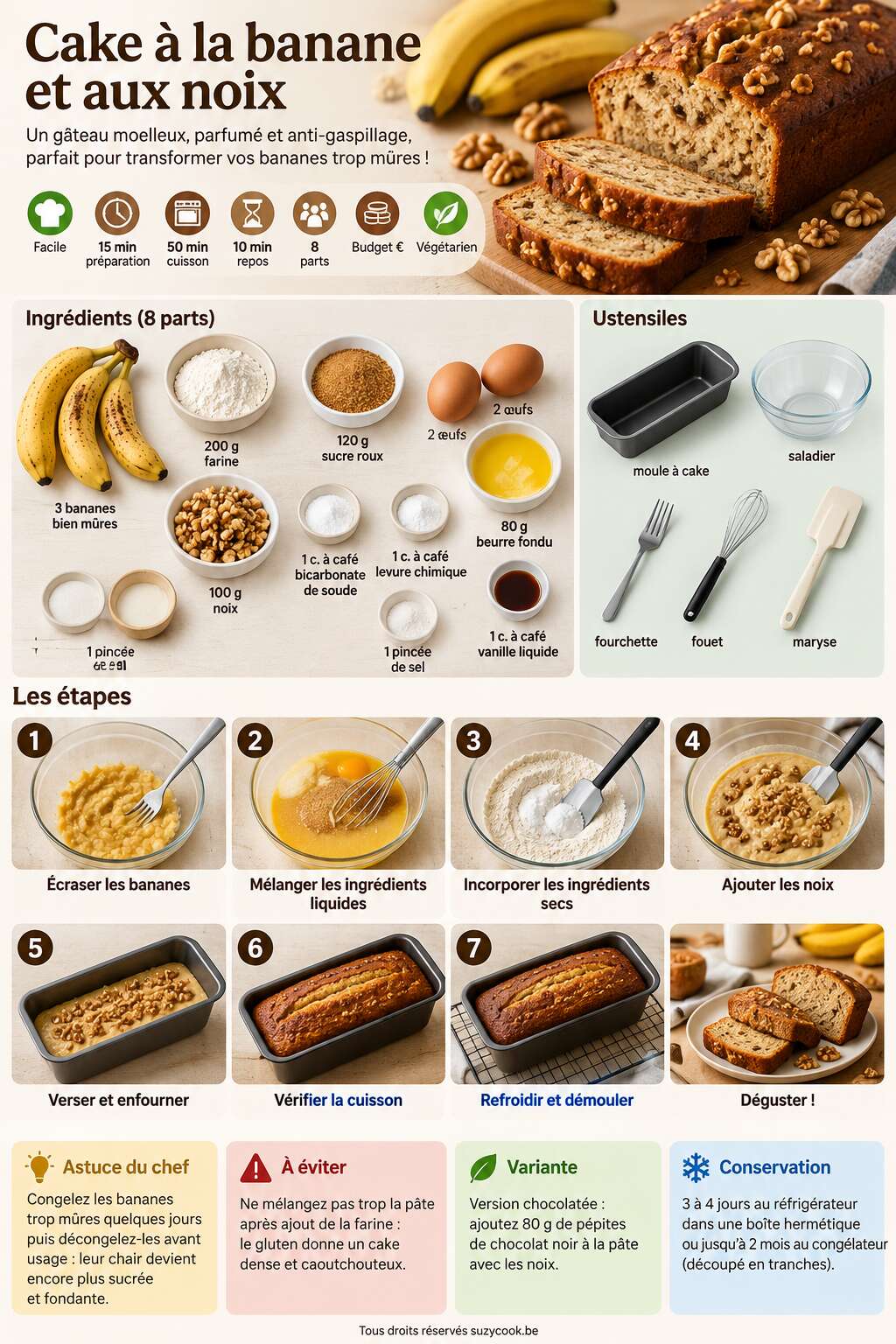Fiche recette Recette simple : cake &agrave; la banane et aux noix