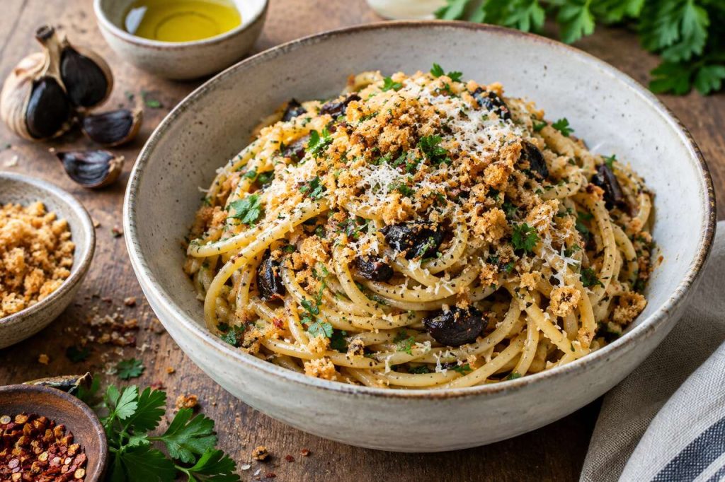 Recette de spaghettis à la chapelure et ail noir