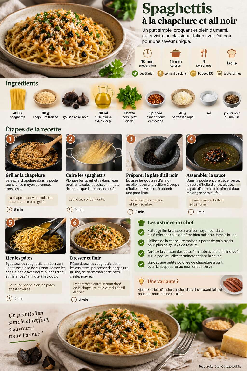 Fiche recette Recette de spaghettis &agrave; la chapelure et ail noir
