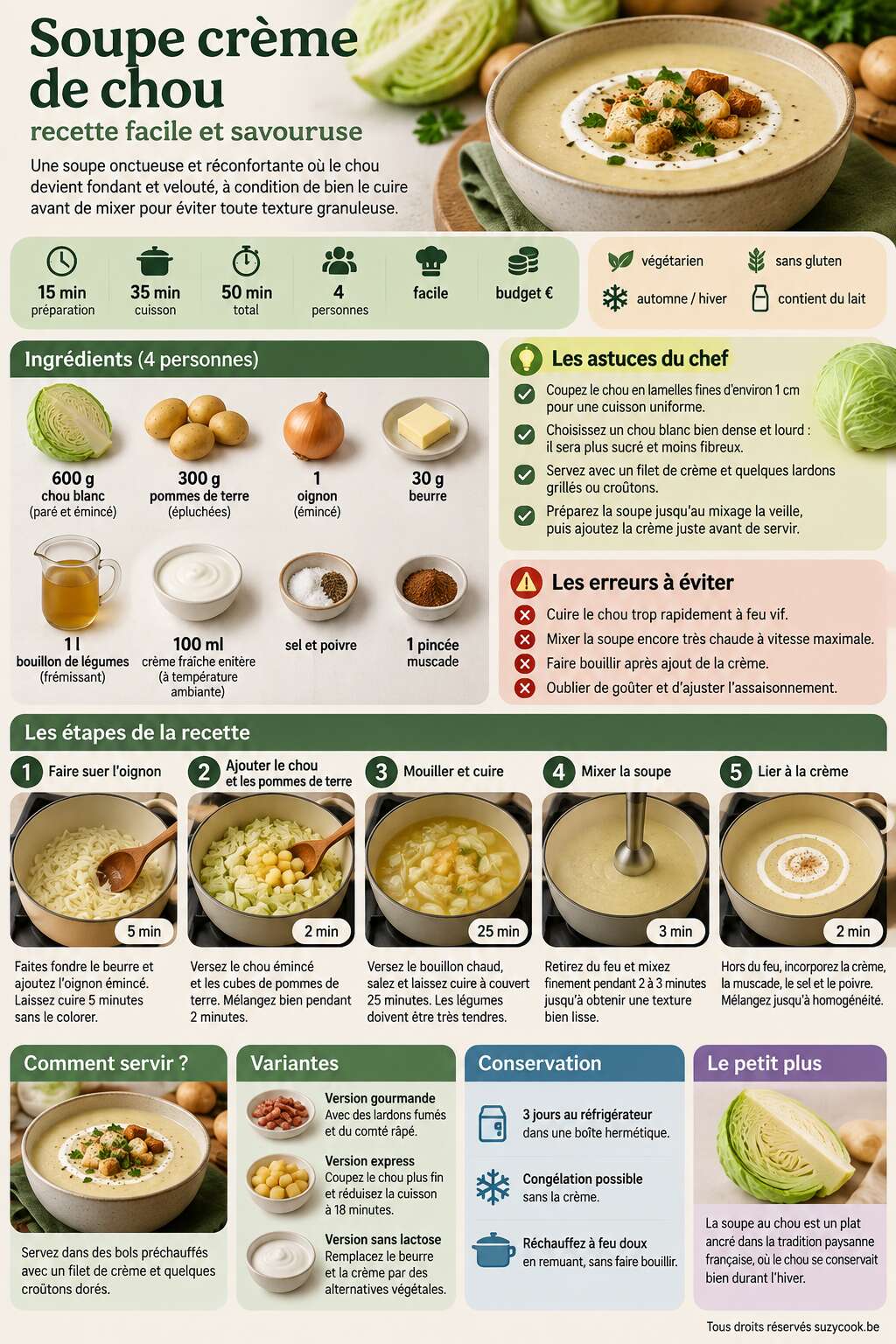 Fiche recette Soupe cr&egrave;me de chou : recette facile et savoureuse
