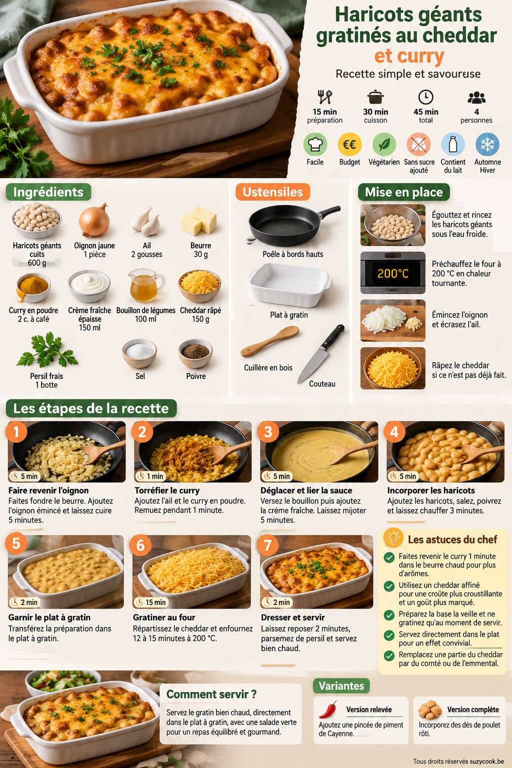 Fiche recette Haricots g&eacute;ants gratin&eacute;s au cheddar et curry : recette simple et savoureuse