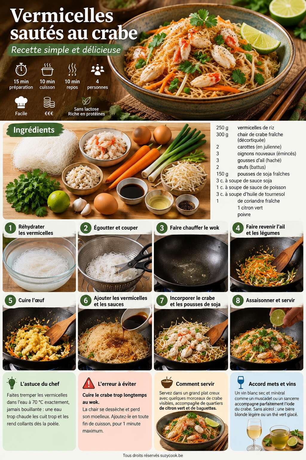 Fiche recette Vermicelles saut&eacute;s au crabe : recette simple et d&eacute;licieuse