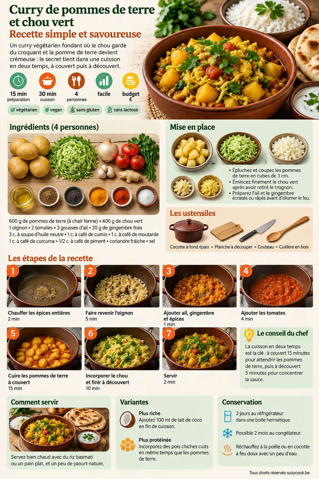 Fiche recette Curry de pommes de terre et chou vert : recette simple et savoureuse