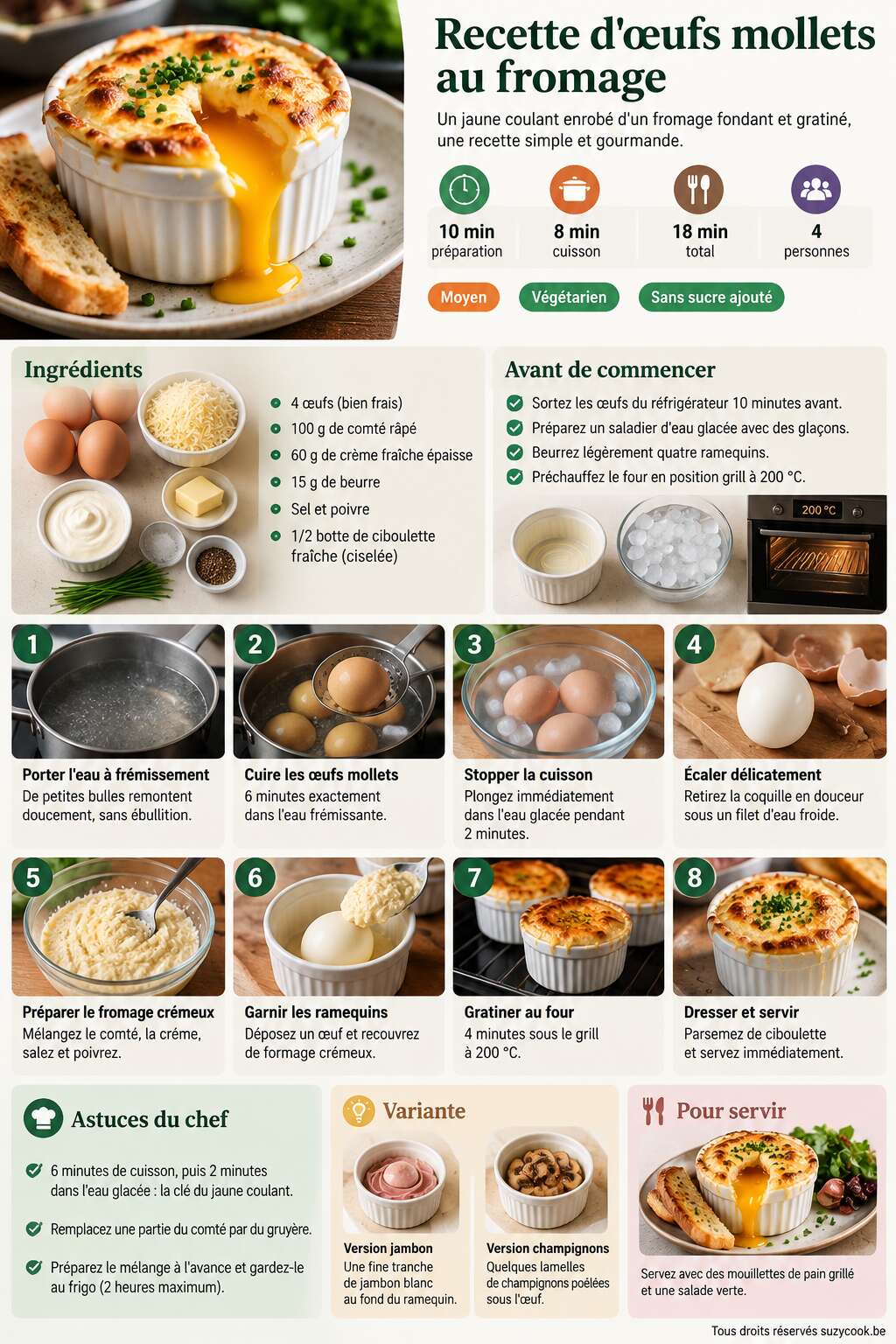 Fiche recette Recette d'œufs mollets au fromage Fiche recette Recette d'œufs mollets au fromage